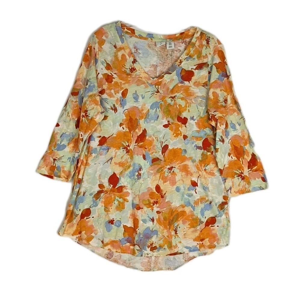 Joie Floral Print‎ Cotton Top Tee Women's 1X  3/4 Sleeve V-neck New Multicolor